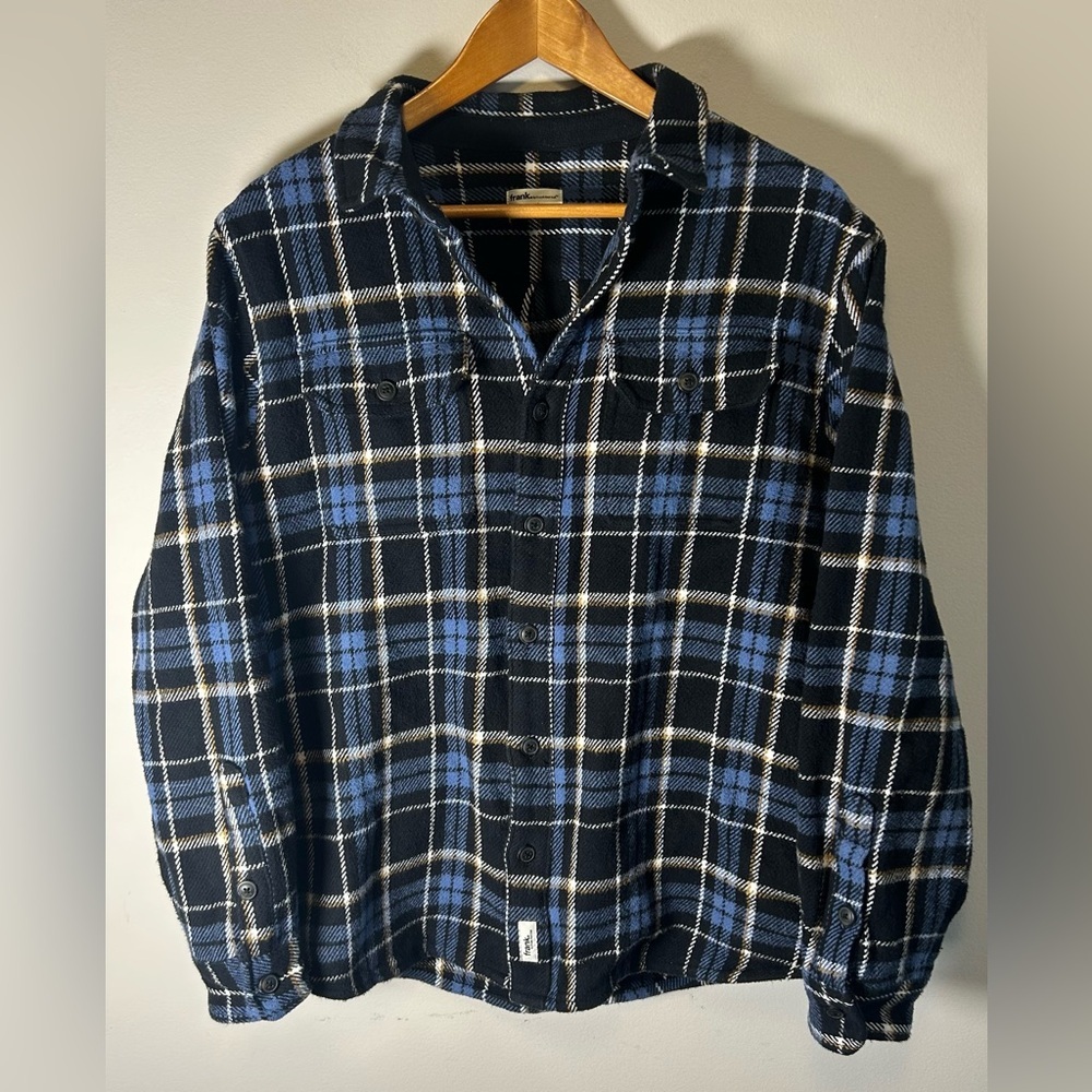 Frank. by Frank & Oak Mens 100% Cotton Flannel Shirt L Blue Black Heavy Cotton